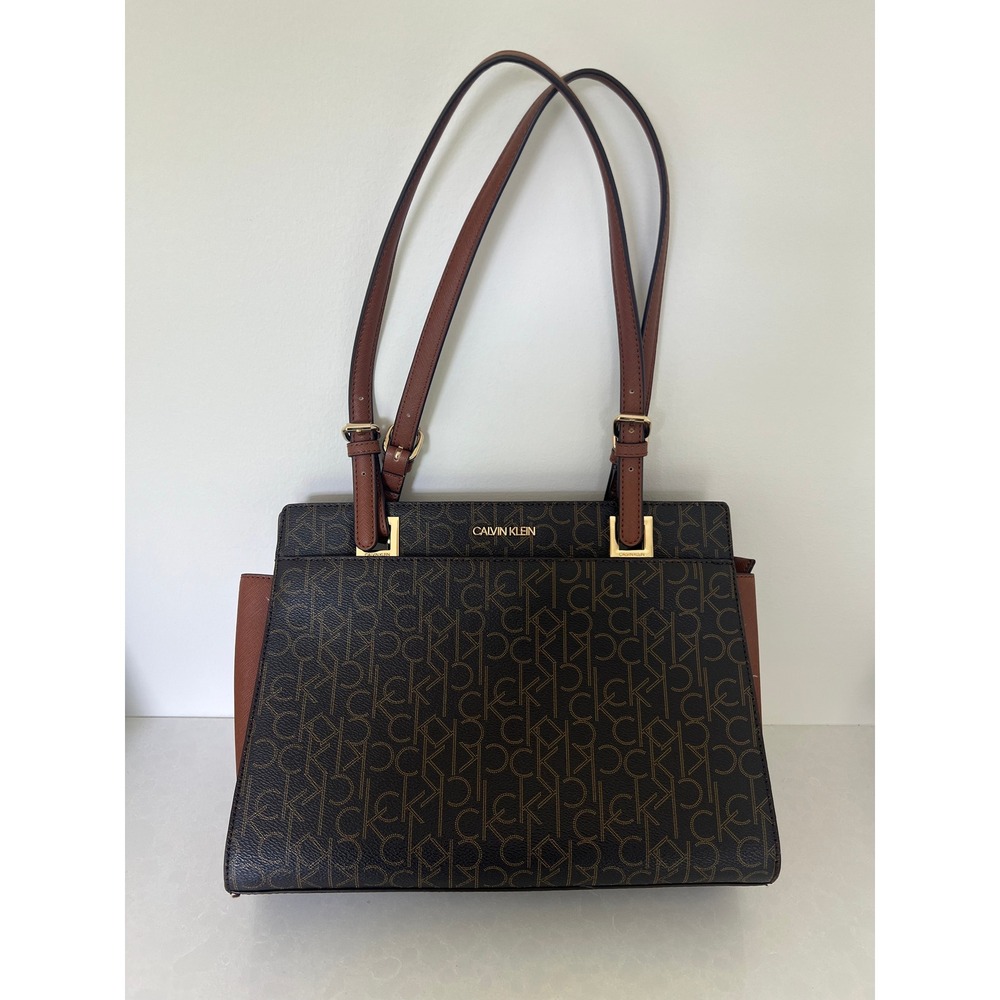 Calvin Klein CK Monogram Shoulder Bag Brown Tan Gold Hardware Work Tote